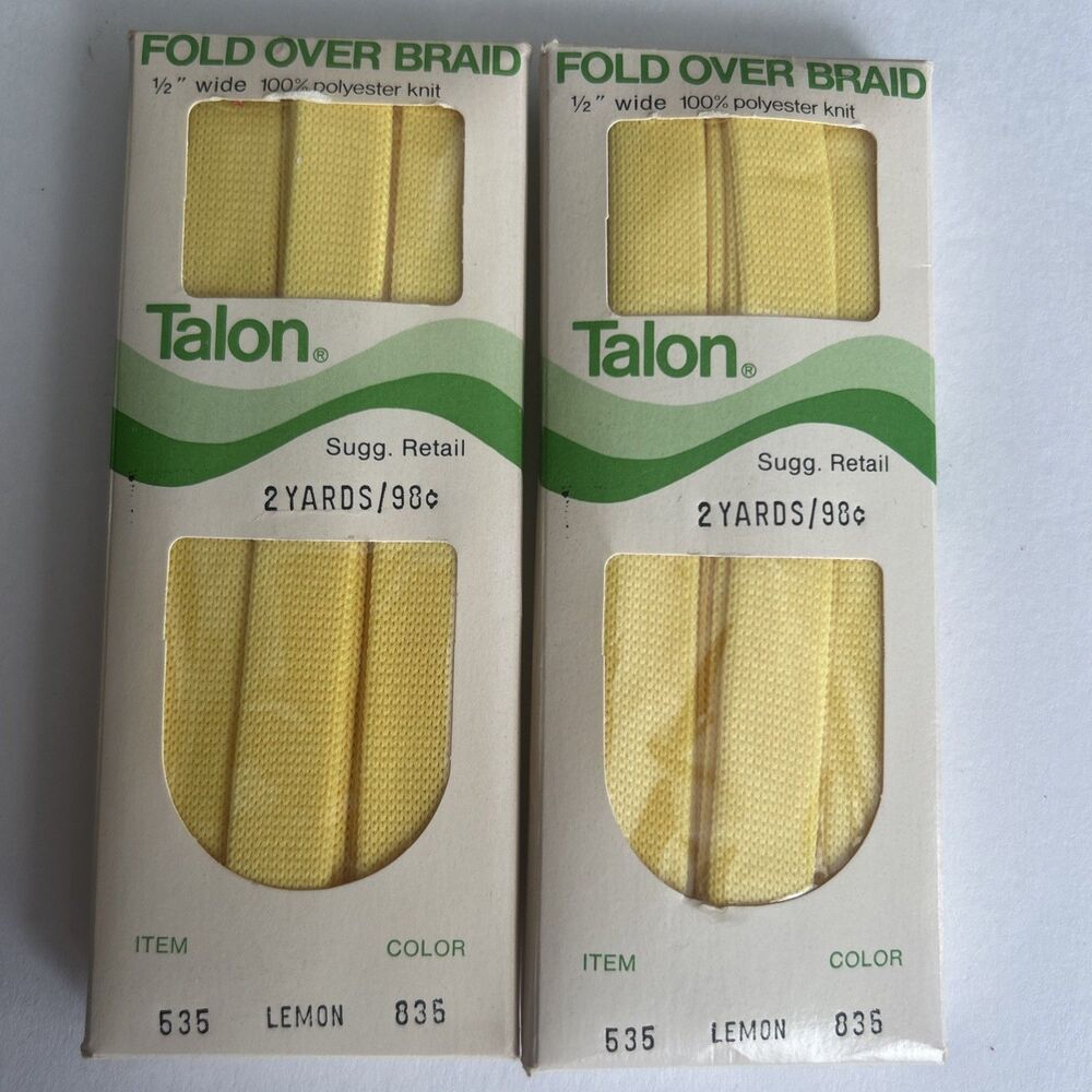 Two Vtg Talon Fold Over Braid Polyester 1/2 Inch Trim Lemon Yellow 835